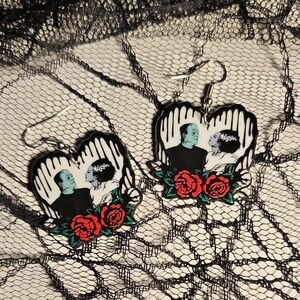 Gothic Heart Earrings with Red Rose Accents